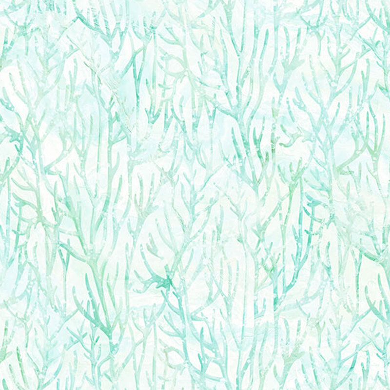 white fabric with mottled teal and aqua branchy corals.