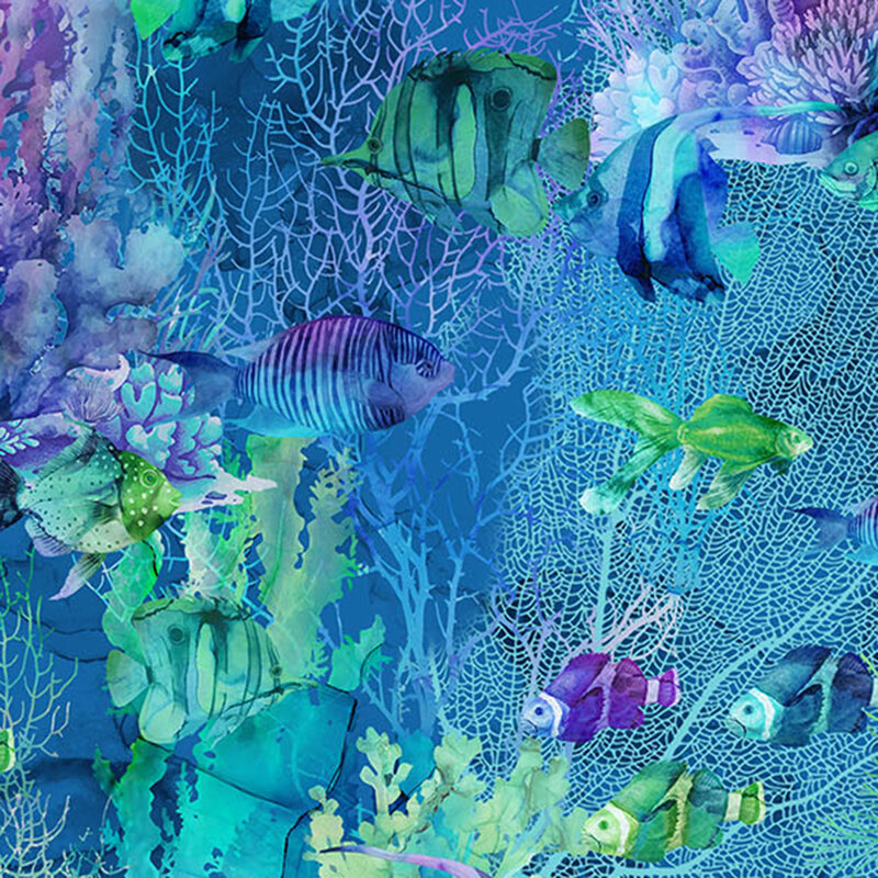 royal blue watercolor fabric featuring a vibrant coral reef and tropical fish in teals, aquas, and purples.