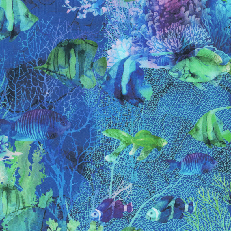 royal blue watercolor fabric featuring a vibrant coral reef and tropical fish in teals, aquas, and purples.