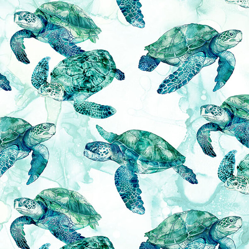 white fabric with teal watercolor features giant dark teal sea turtles.