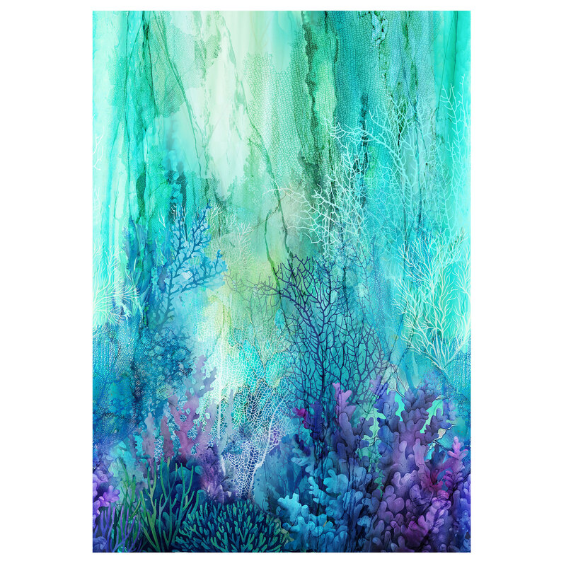 Running yardage featuring a thriving coral reef under aquamarine waves with branching, elkhorn, and soft corals.