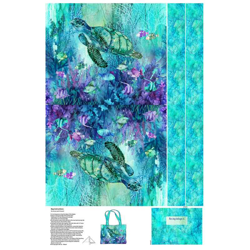 Canvas tote bag panel featuring an underwater coral reef thriving with branching coral, sea turtles, and tropical fish.