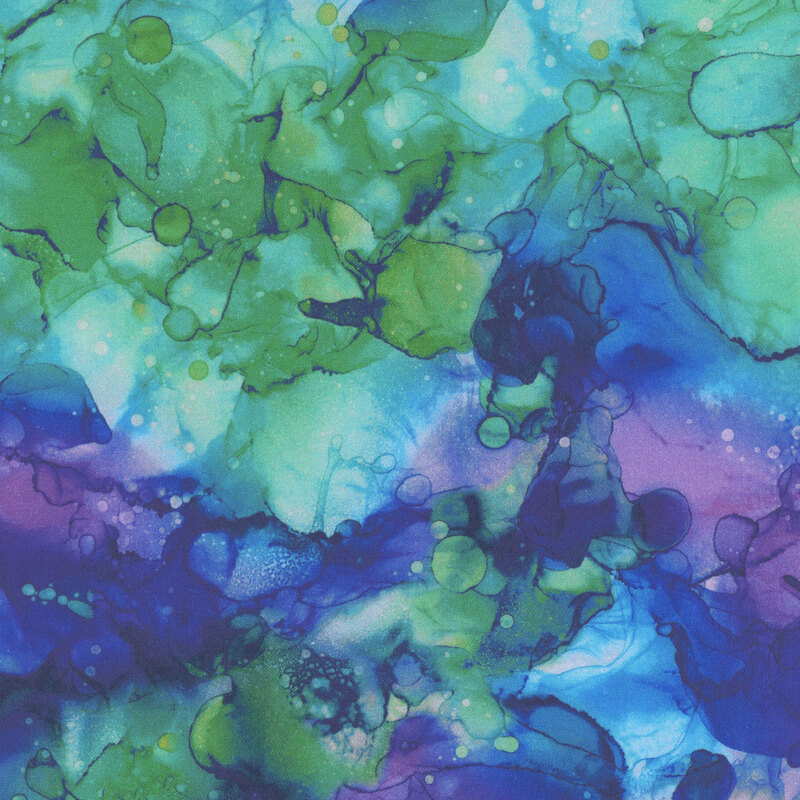 multicolor watercolor fabric in teal, aqua, royal purple, and ocean blue