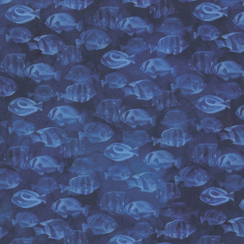 Mottled dark royal blue fabric featuring transparent blue painted tropical fish.