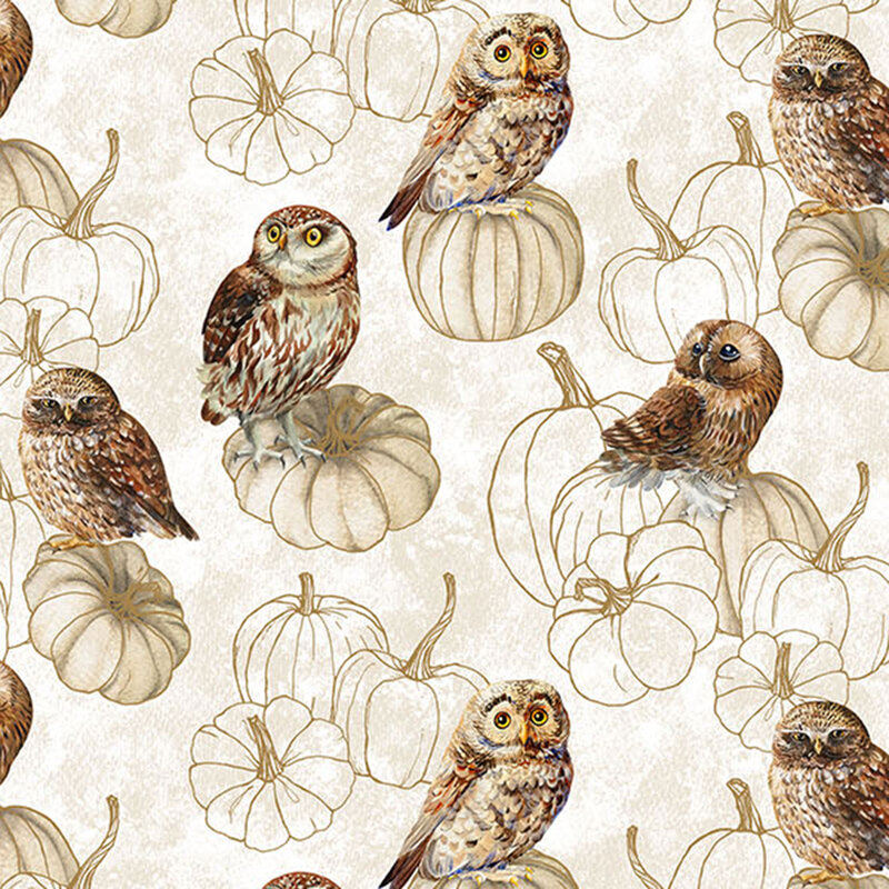mottled cream fabric featuring owls resting on stacks of stylized pumpkins