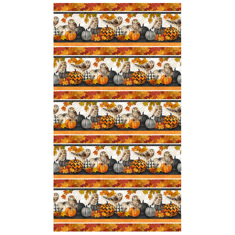 Border stripe fabric featuring alternating rows of fall leaves, and owls resting on stylized pumpkins.