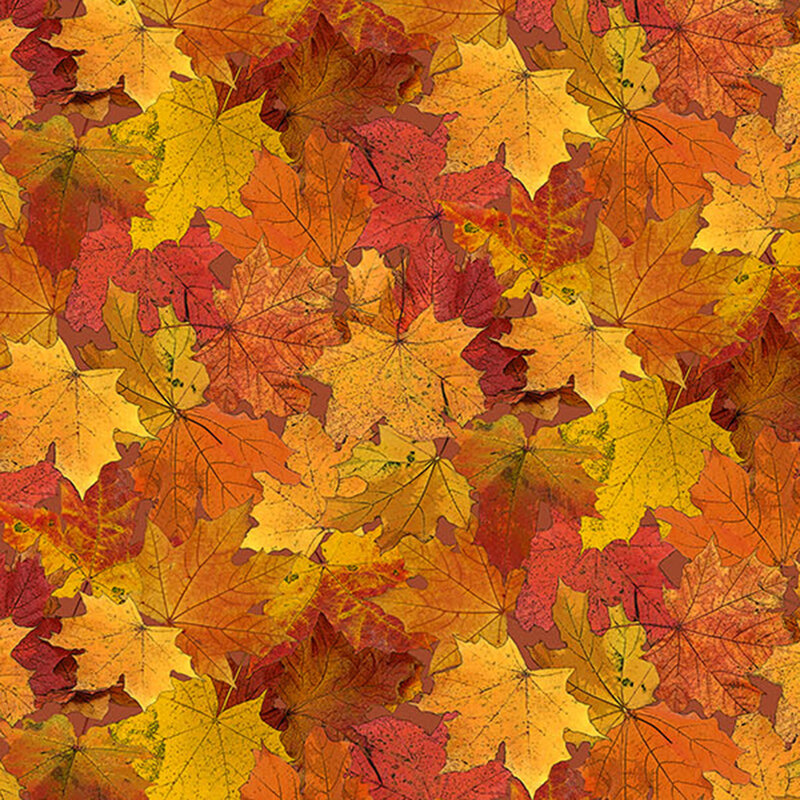 orange fabric packed with golden fall foliage