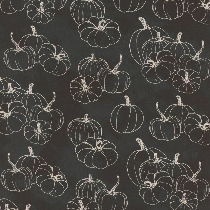 mottled black fabric featuring white stylized outlines of pumpkins