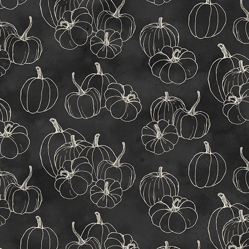 mottled black fabric featuring white stylized outlines of pumpkins