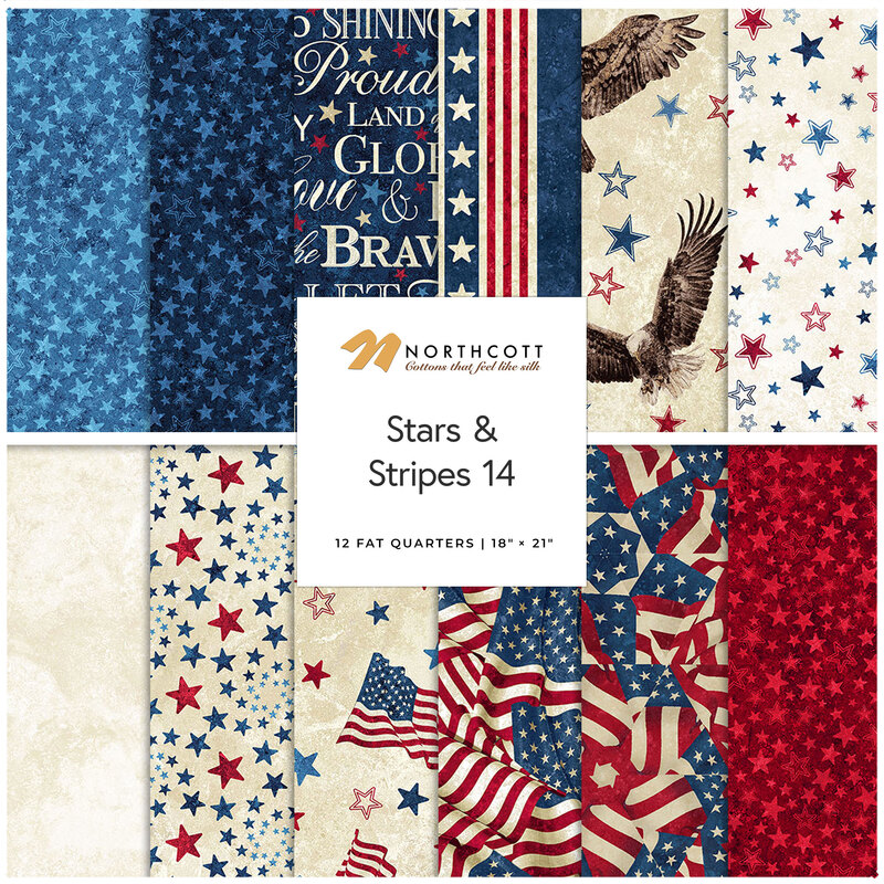 Collage of patriotic fabrics featuring flag motifs in red, cream and blue.
