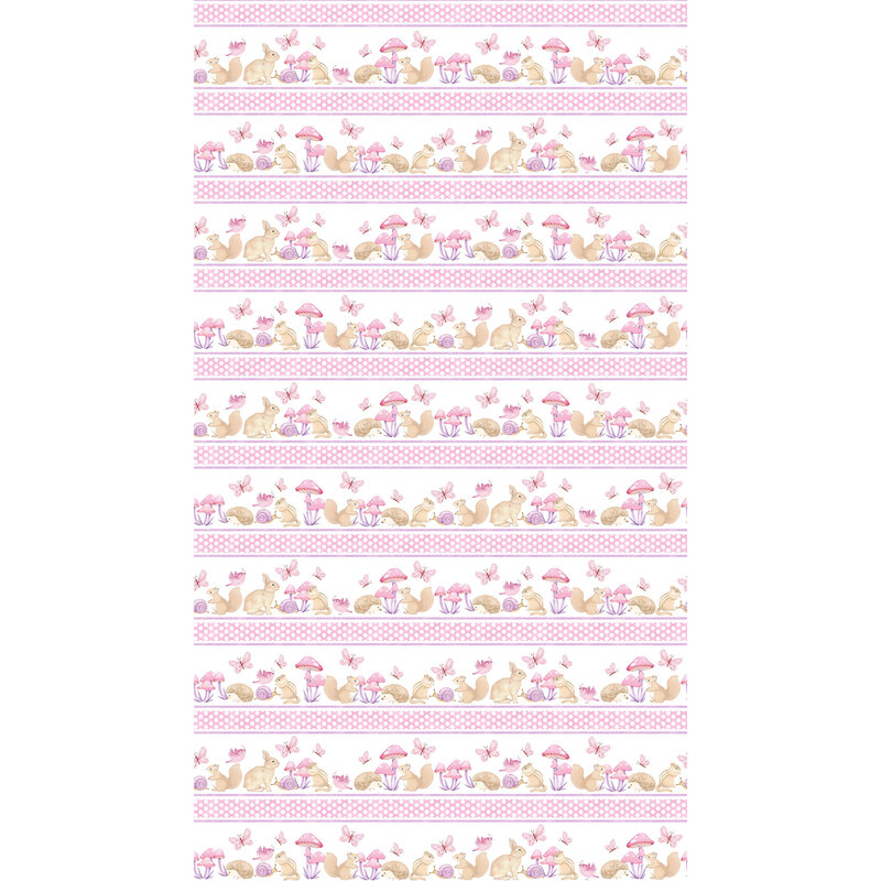 A pink and white border stripe fabric with bunnies, squirrels, chipmunks, and hedgehogs playing amongst butterflies and mushrooms.