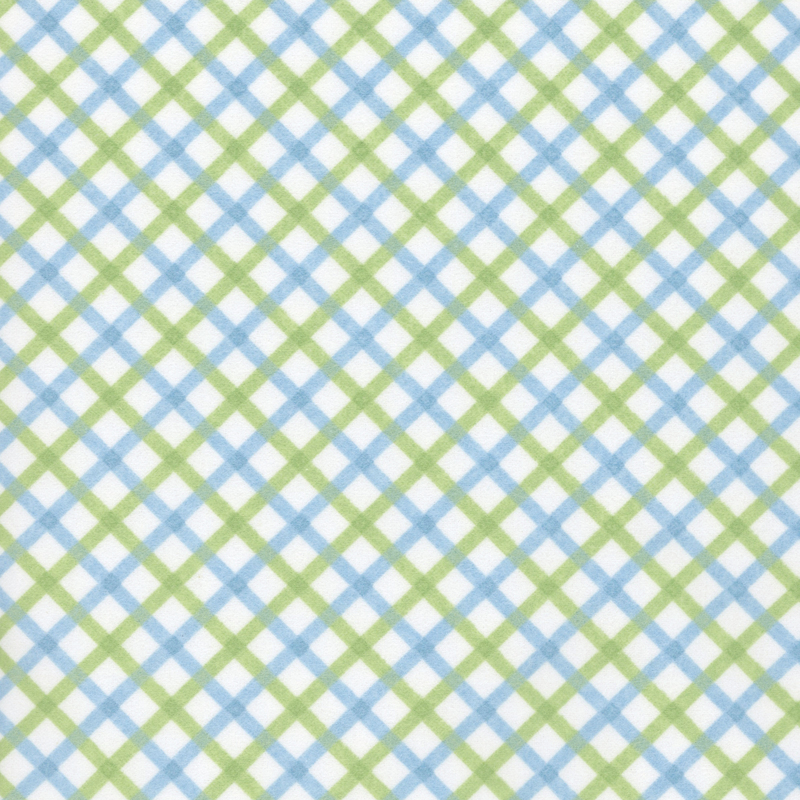White fabric with green and blue tight latticework.