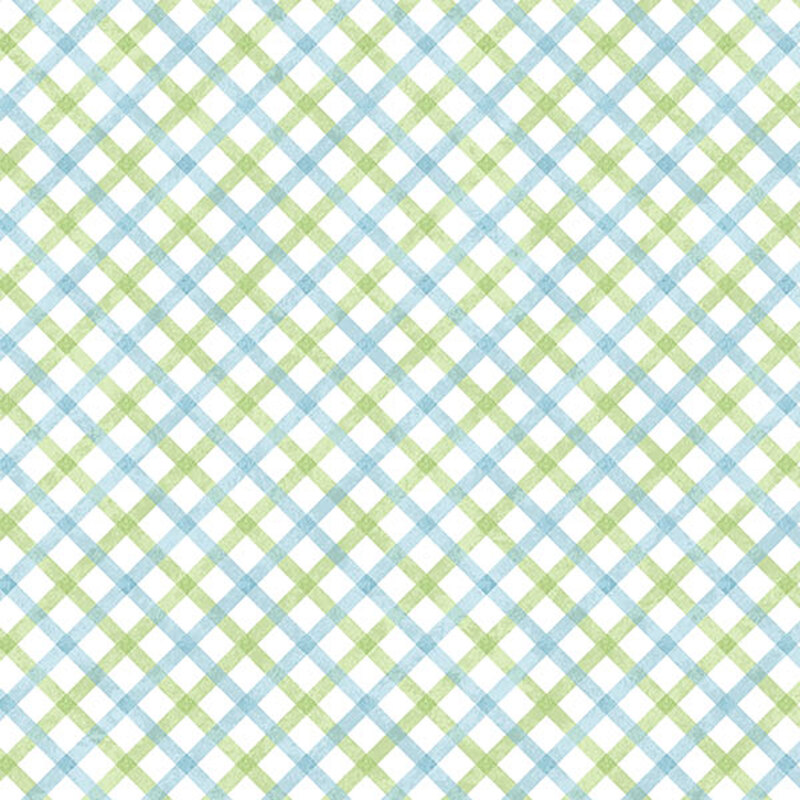 White fabric with green and blue tight latticework.
