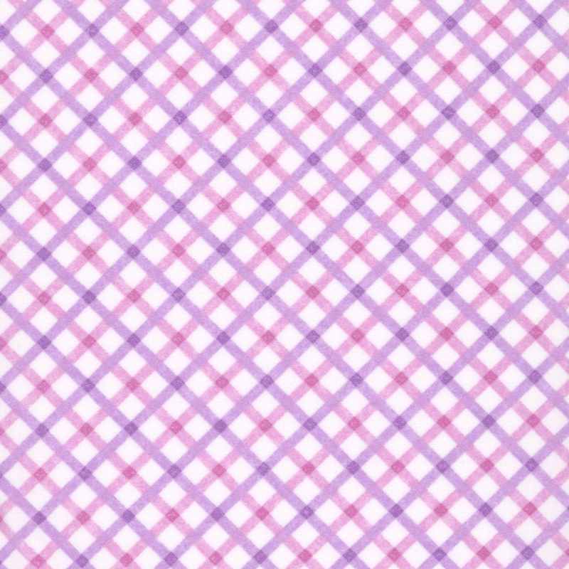 White fabric with pink and purple tight latticework.