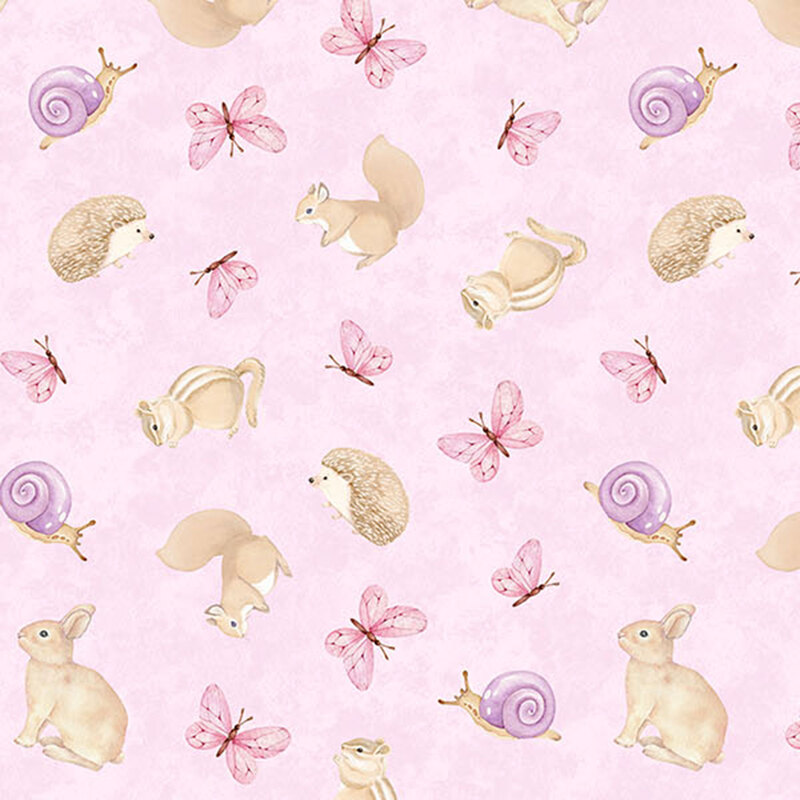 Mottled pink fabric with tossed forest animals like hedgehogs, squirrels, and chipmunks.