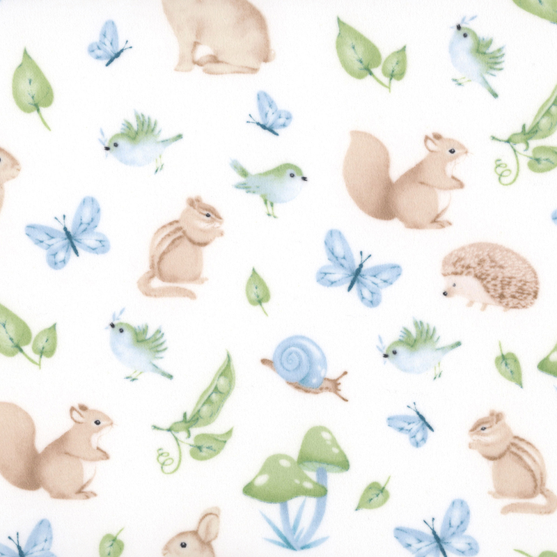 White fabric with scattered blue and green birds, leaves, butterflies, nails, and mushrooms, amongst chipmunks, rabbits, hedgehogs, and squirrels.