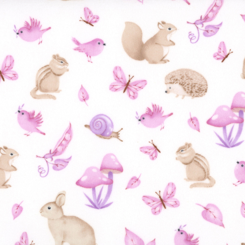 White fabric with scattered pink birds, leaves, butterflies, nails, and mushrooms, amongst chipmunks, rabbits, hedgehogs, and squirrels.