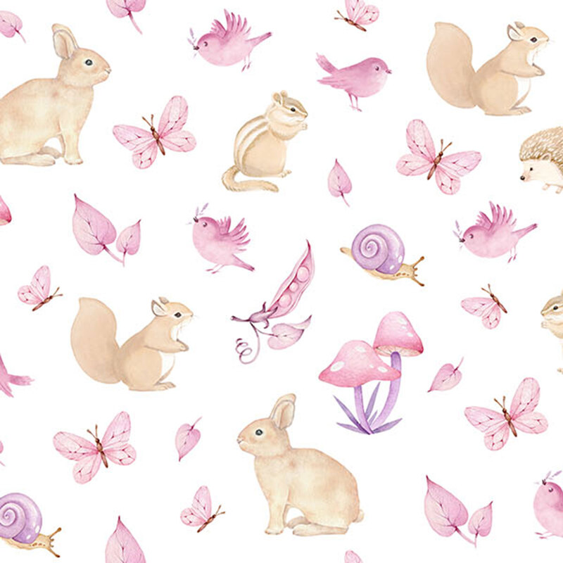 White fabric with scattered pink birds, leaves, butterflies, nails, and mushrooms, amongst chipmunks, rabbits, hedgehogs, and squirrels.