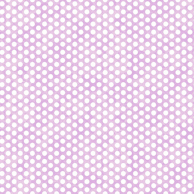 Mottled purple fabric with neat rows of small white polka dots.