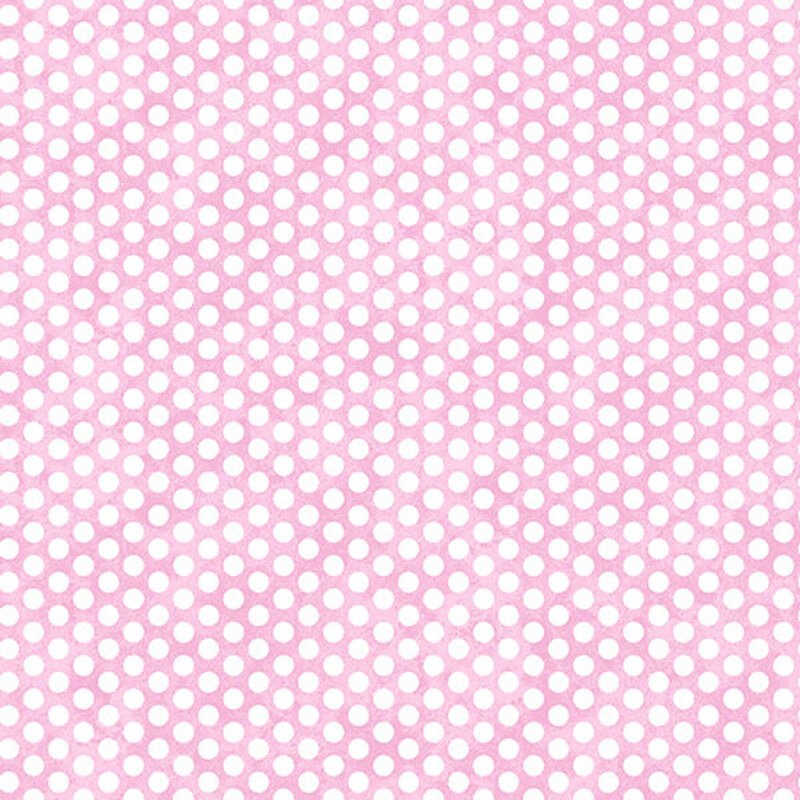 Mottled pink fabric with neat rows of small white polka dots.