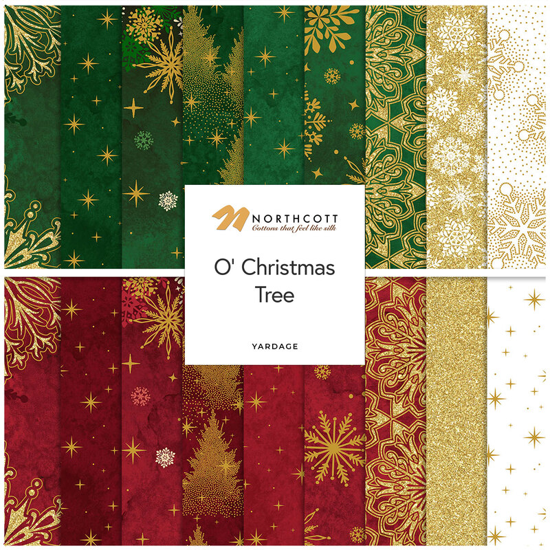 Digital collage of fabrics included in the O' Christmas Tree collection with green, red, white, and gold fabrics with a snowflake theme.
