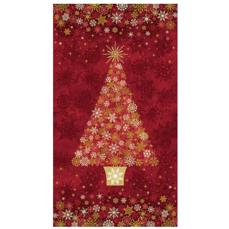 Mottled deep red panel fabric featuring snowflakes in gold metallic, white and red in the shape of a Christmas Tree.