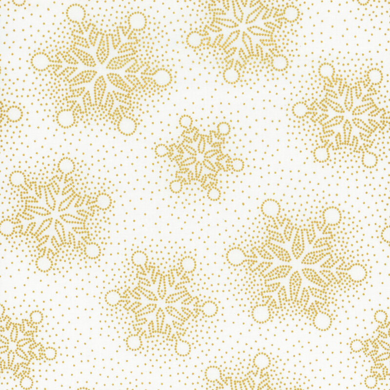 white fabric featuring gold metallic stipple-style outlined snowflakes and dots.