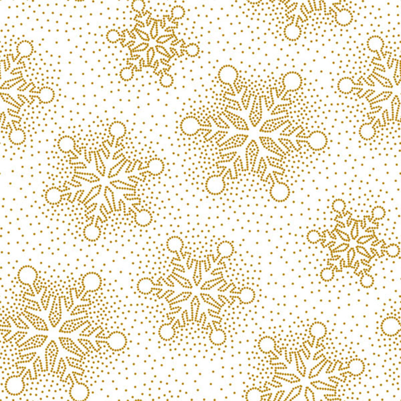 white fabric featuring gold metallic stipple-style outlined snowflakes and dots.