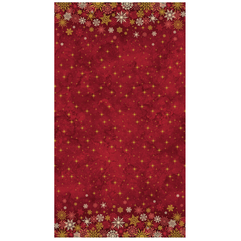 Mottled deep red fabric featuring tossed gold metallic stars and borders with red, white, and gold metallic snowflakes.