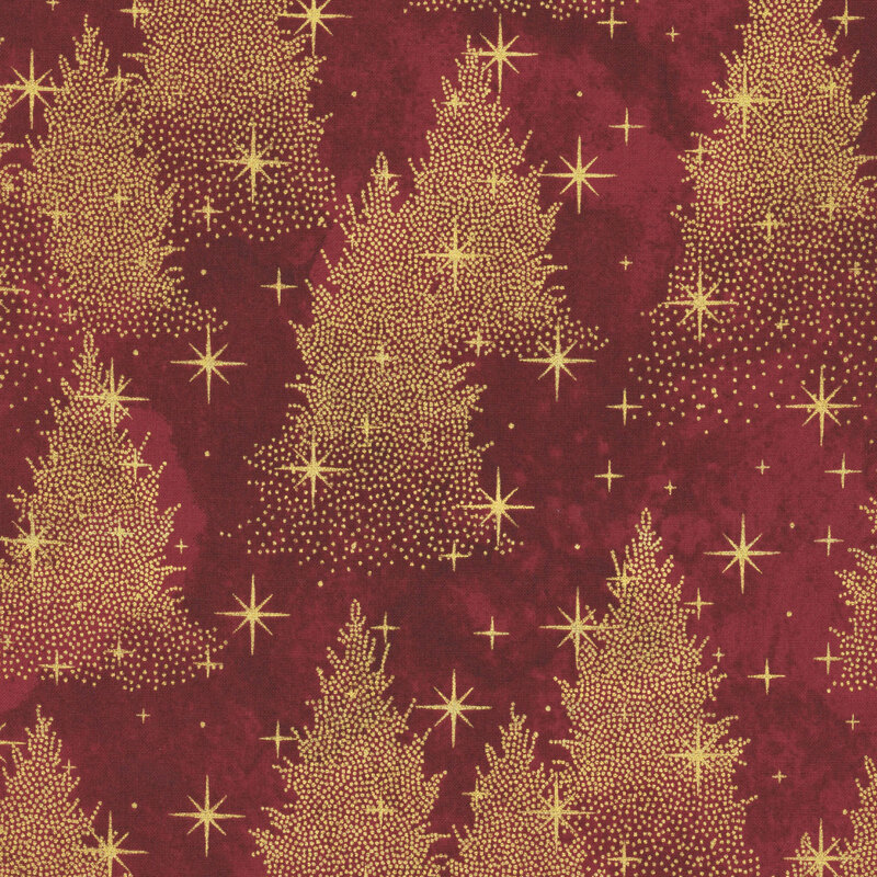 Mottled deep red fabric featuring gold metallic stars and stipple-stylized evergreen trees.