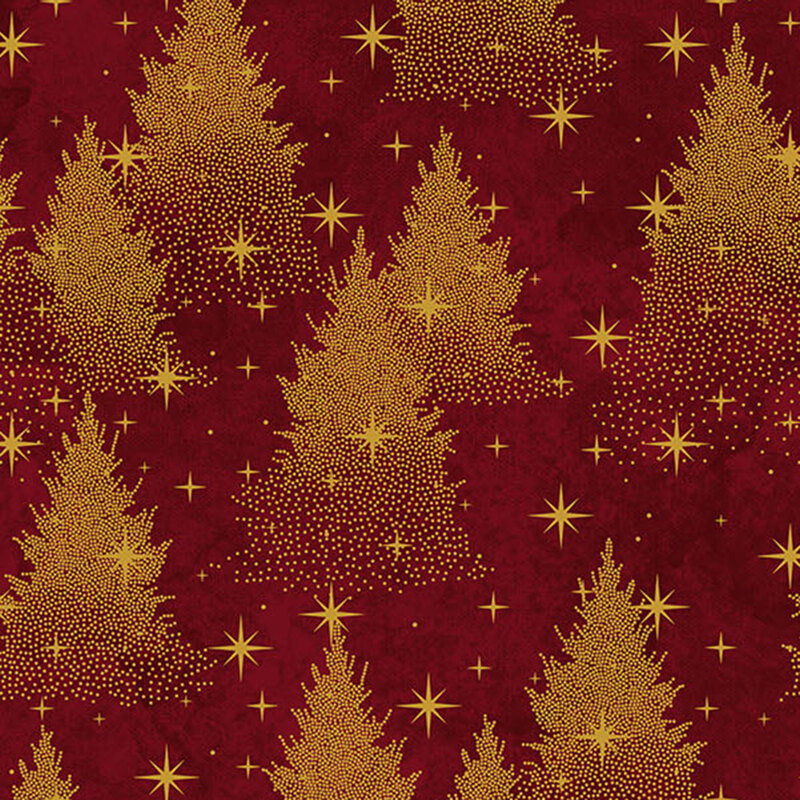 Mottled deep red fabric featuring gold metallic stars and stipple-stylized evergreen trees.