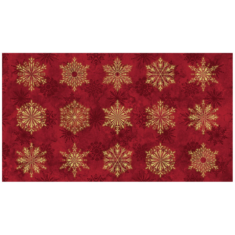 Mottled deep red panel fabric featuring red and gold metallic snowflakes.