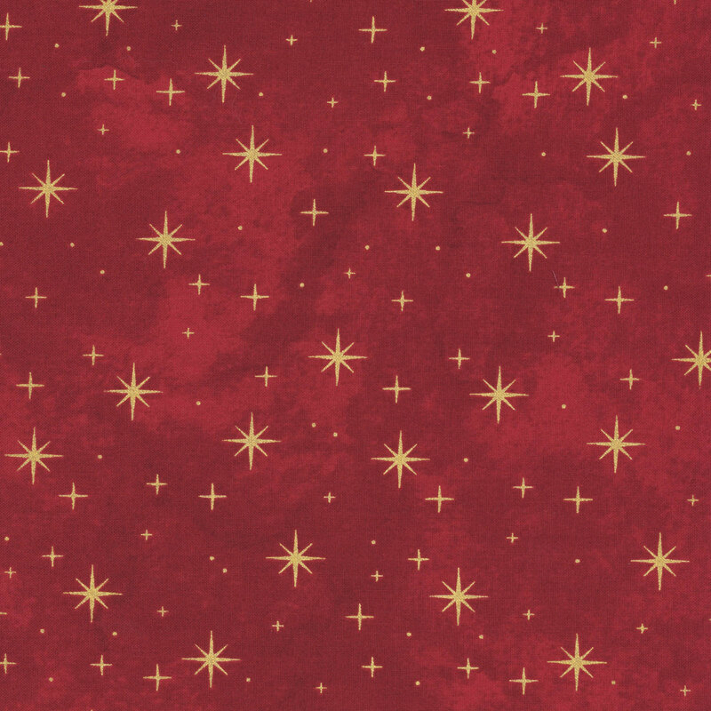 mottled deep red fabric featuring gold metallic stars