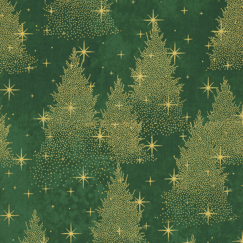 Mottled hunter green fabric featuring gold metallic stars and stipple-stylized evergreen trees.