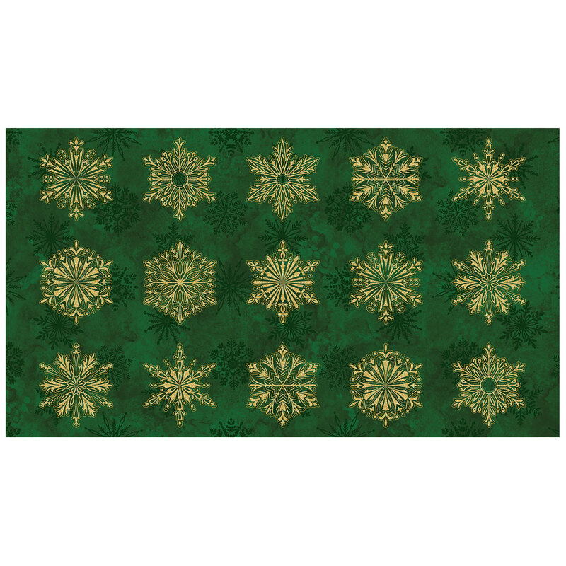Mottled evergreen panel fabric featuring green and gold metallic snowflakes.