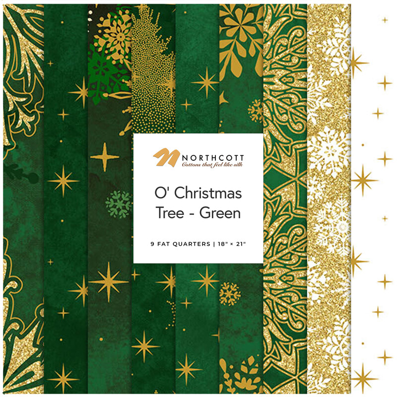 A collage of fabrics in the O' Christmas Tree collection with green and gold metallic fabrics with a snowflake and stars theme.