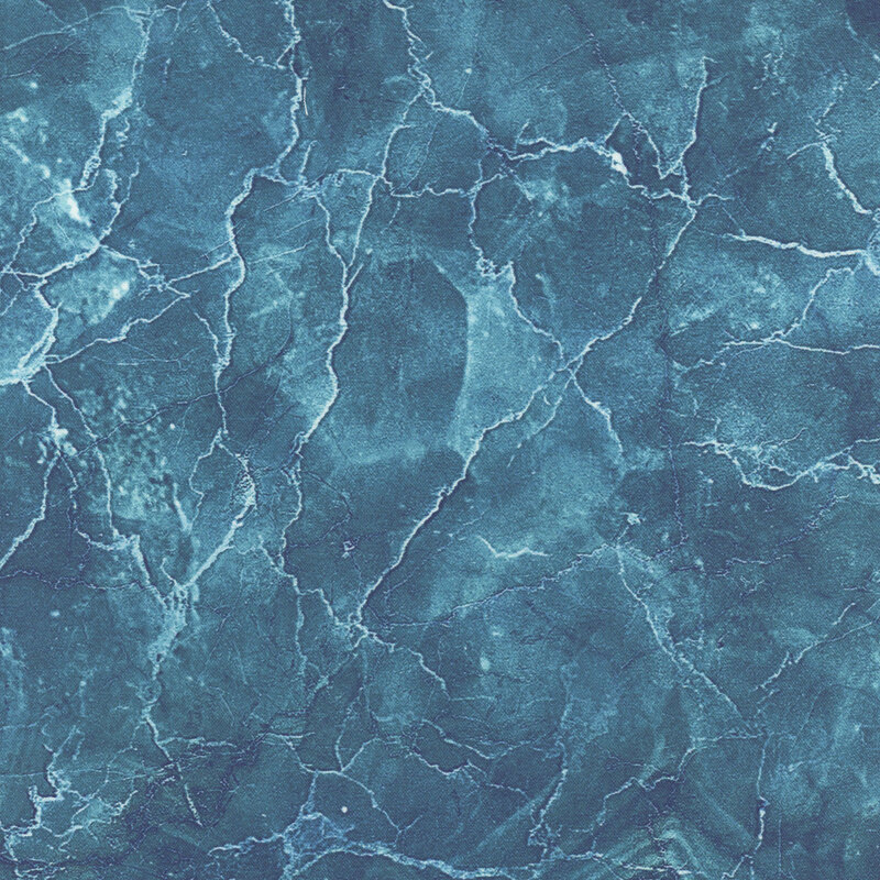 Peacock blue fabric with a marble stone like texture, dark teal and white streaks