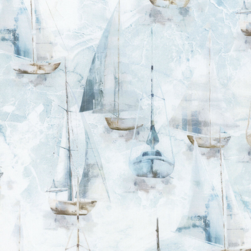 Light gray textured background featuring large white and gray-blue sailboats