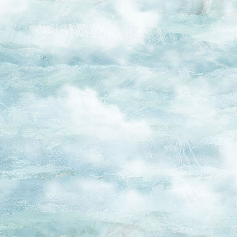 Aquamarine textured fabric with puffy white clouds