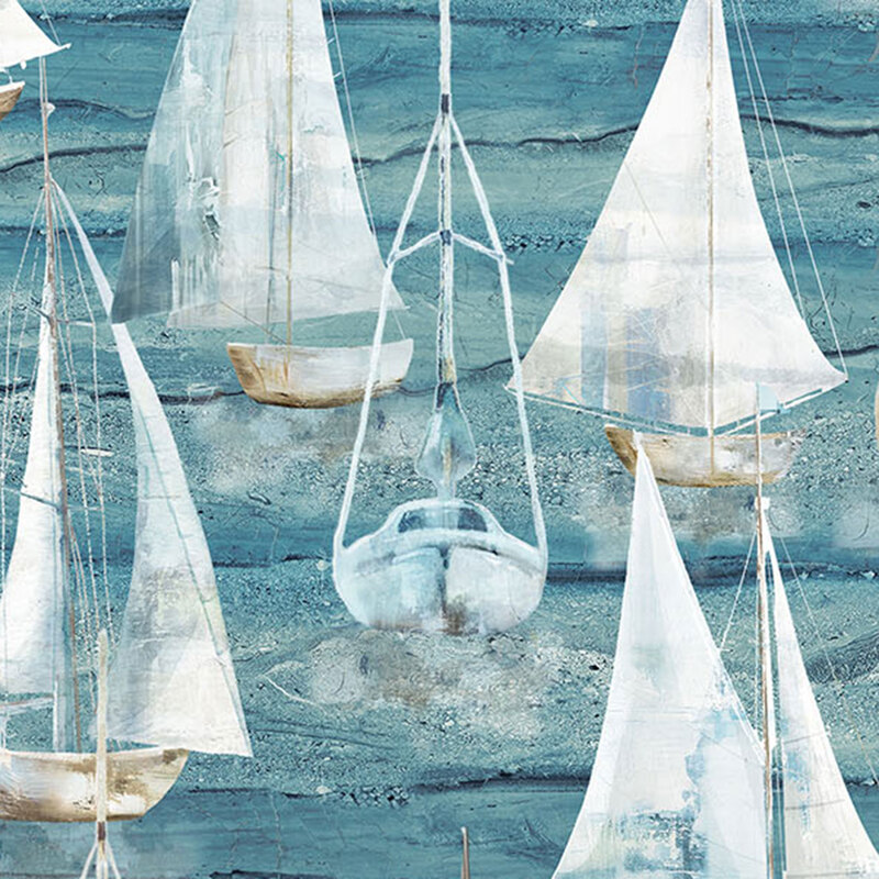 A fabric with ocean blue textured waves and large white sailboats 