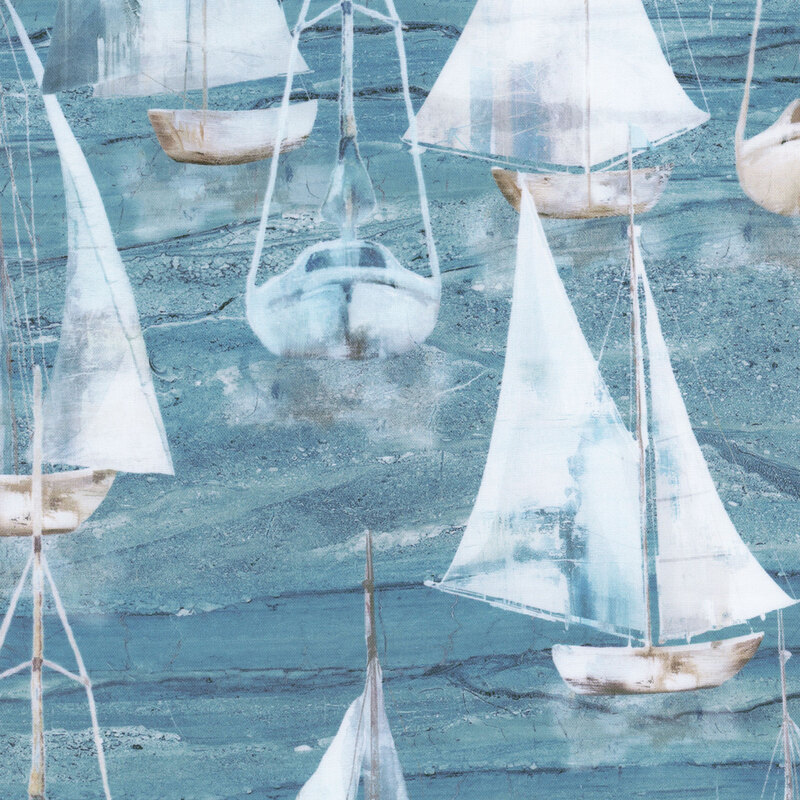 A fabric with ocean blue textured waves and large white sailboats 