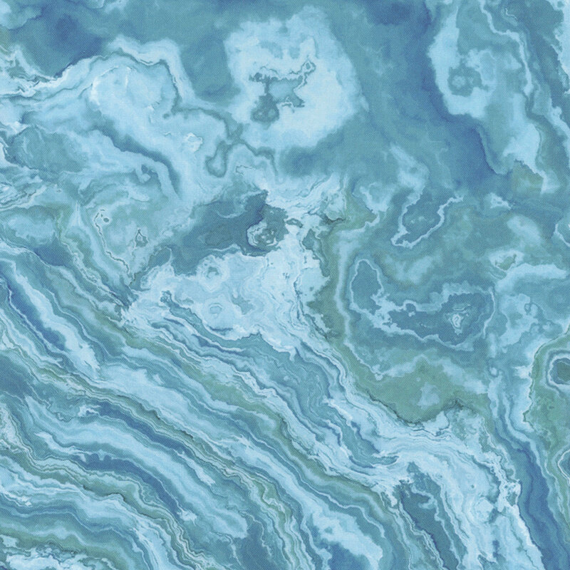 Marble textured fabric with cerulean, peacock blue and pastel blue streaks.