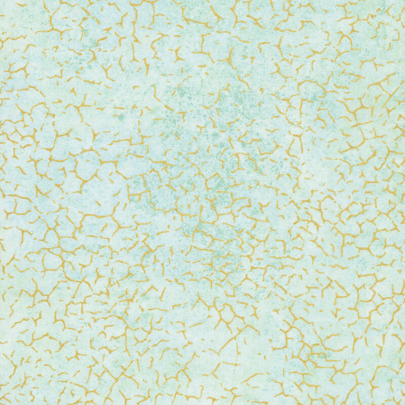 A mottled aquamarine fabric with cracked texture and gold metallic accents