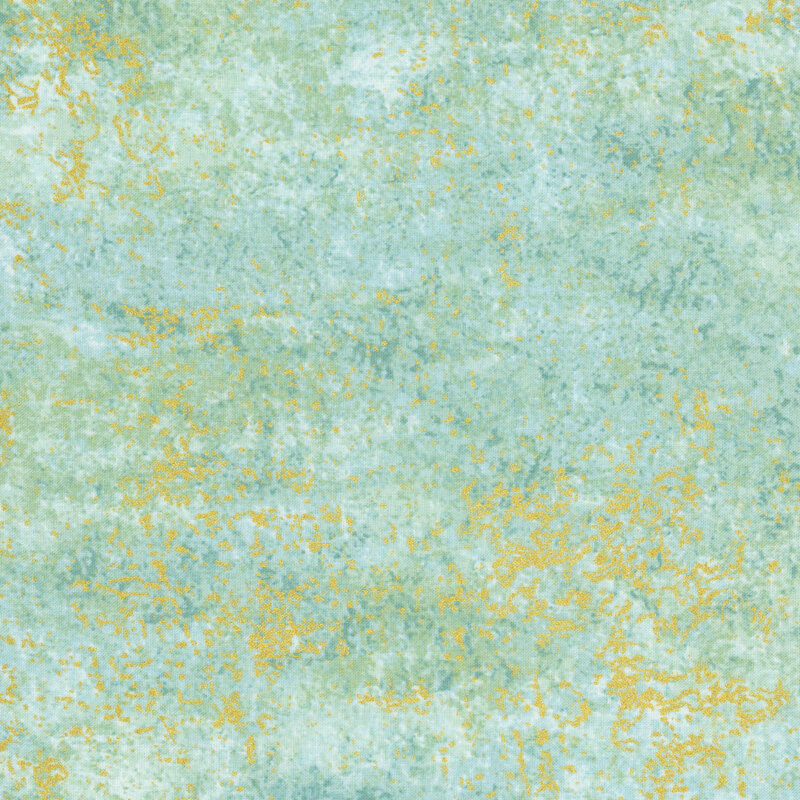 A aquamarine fabric with a mottled white and turquoise texture and gold metallic accents