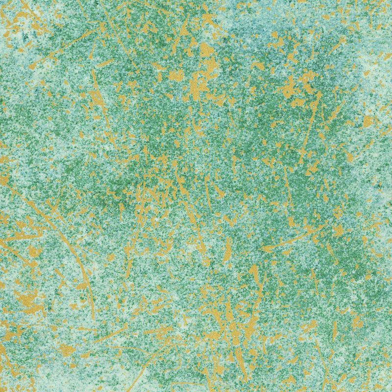 An aquamarine fabric with a grungy turquoise texture and gold metallic splattered accents