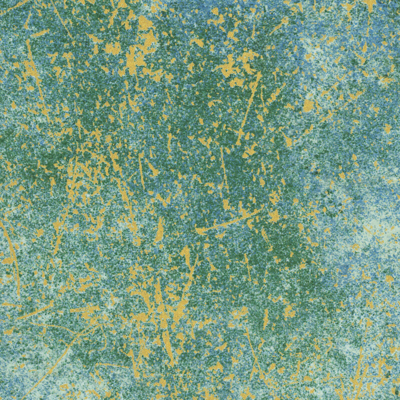 A turquoise fabric with a grungy green texture and gold metallic splattered accents