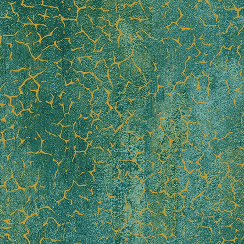 A mottled teal fabric with cracked texture and gold metallic accents