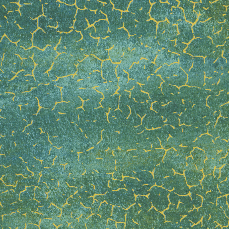 A mottled teal fabric with cracked texture and gold metallic accents