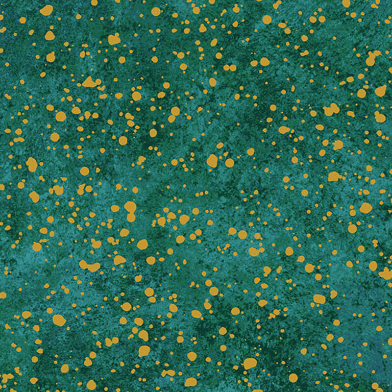 A turquoise fabric with a mottled teal green texture and metallic gold drips