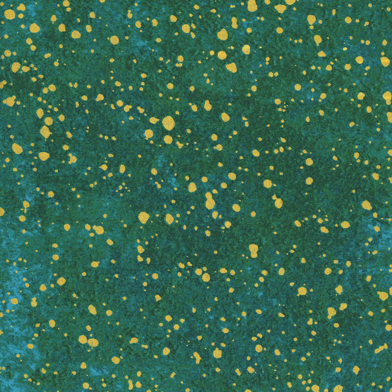 A turquoise fabric with a mottled teal green texture and metallic gold drips